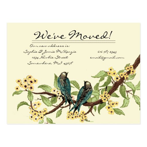 Yellow Flowers Teal Vintage Birds We Have Moved! Post Card