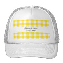 Yellow gingham pattern wedding favours trucker hats