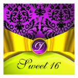 YELLOW GOLD RIBBON PURPLE BLACK DAMASK MONOGRAM INVITES