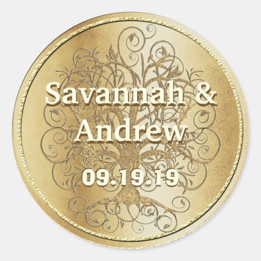 Yellow Gold Swirl Tree Gold Wedding Seal Round Stickers