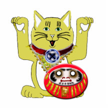 yellow/golden maneki neko w/daruma photo cut out