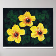 Yellow Hibiscus Flowers Acrylic Painting Poster