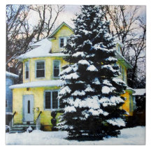 Yellow House in Snow Ceramic Tiles