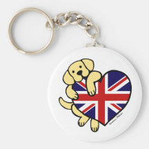 Yellow Labrador & UK Flag Heart 2 Cartoon Keychain