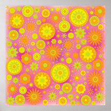 Yellow Orange & Pink Hippy Flower Pattern Posters