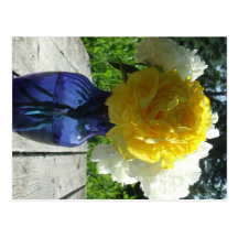 Yellow Peony Flower in Blue Vase Postcard