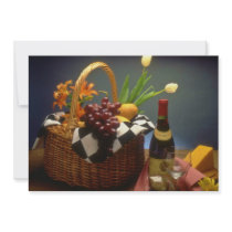 Yellow Picnic basket with wine, cheese, bread and Personalized Invitation