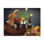 Yellow Picnic basket with wine, cheese, bread and Post Card