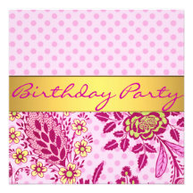 Yellow/Pink Flower & Polka Dot Birthday Invitation
