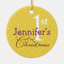 Yellow polka dots purple name baby first holiday ornaments