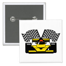 YELLOW RACE CAR PINBACK BUTTON
