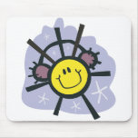 Yellow smiley snowflake with ear muffs mouse pads