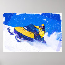 Yellow Snowmobile in Blizzard