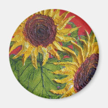 Yellow Sunflowers on Red Fridge Magnets