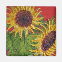 Yellow Sunflowers on Red Refrigerator Magnets