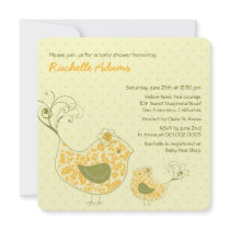 Yellow Swirly Mom & Baby Bird Baby Shower Invite