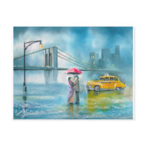 Yellow taxi couple rainy day romantic couple post card