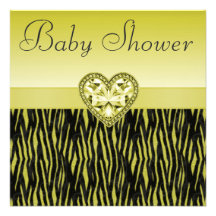 Yellow Zebra Stripes & Bling Heart Baby Shower Invites