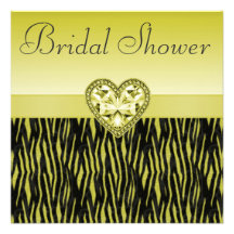 Yellow Zebra Stripes & Bling Heart Bridal Shower Custom Announcements