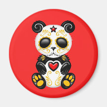 Yellow Zombie Sugar Panda on Red Fridge Magnets