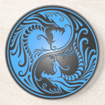 Yin Yang Dragons, blue and black Beverage Coasters