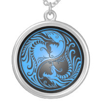 Yin Yang Dragons, blue and black Necklace
