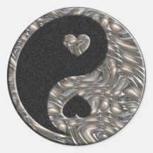 Yin & Yang / Hearts SILVER | black splatter Round Stickers