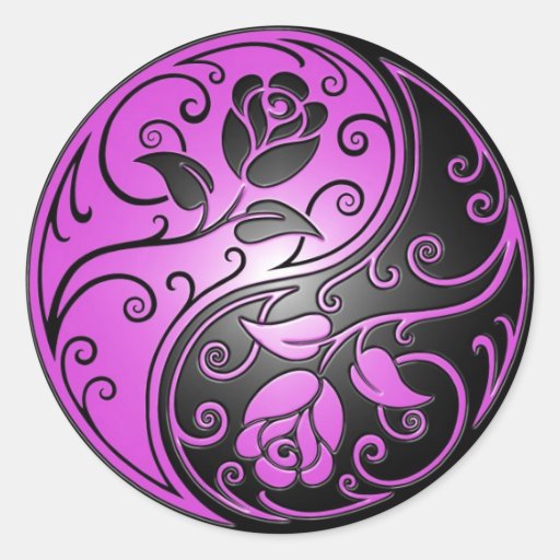 Yin Yang Roses, purple and black Round Stickers