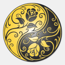 Yin Yang Roses, yellow and black Round Stickers