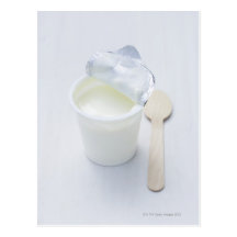 Yoghurt in opened disposable cup postcards