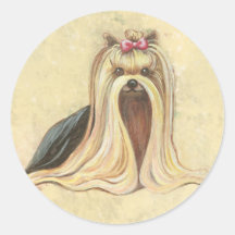 Yorkshire Terrier Portrait in Beige w Script Round Stickers