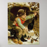 Young Boy with Birds in the Snow Posters