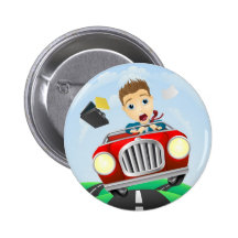 Young businessman driving fast classic car button