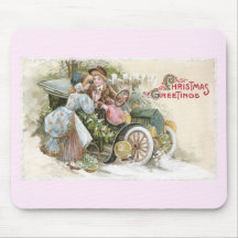 Young Couple and Vintage Cabriolet Christmas Mousepads
