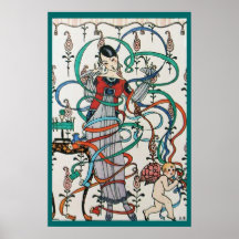 YOUNG GIRL WITH COLORFUL RIBBON SWIRLS AND CUPID POSTERS