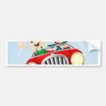 Young man and woman in car bumper stickers
