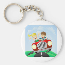 Young man and woman in car key chain