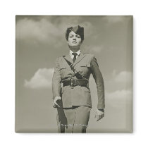 Young woman in military marching on rooftop magnet