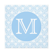 Your Letter, Monogram. Pale Blue Damask Pattern. Gallery Wrapped Canvas