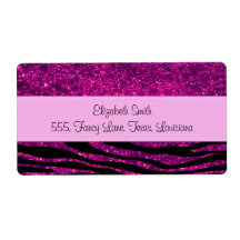 Your Name Zebra Shiny Glitter Black Pink Personalized Shipping Labels