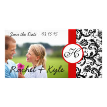 Your Photo Black Damask Red Trim Save the Date Photo Card