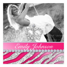 Zebra Birthday Party Sweet Sixteen Pink Glitter Announcements