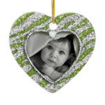 Zebra heart baby photo ornament Green Sparkle
