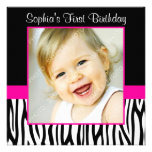 Zebra Hot Pink Girls Photo 1st Birthday Party Announcements