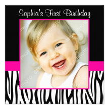 Zebra Hot Pink Girls Photo 1st Birthday Party Announcements