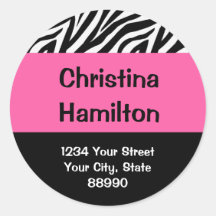Zebra & Hot Pink return address (#LABL 008) Round Stickers