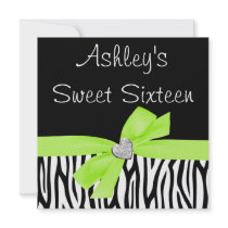 Zebra Lime Green Bow Diamond Sweet 16 Invitations