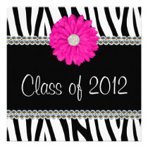 Zebra Pink Daisy Faux Gems Graduation Announcement invitations