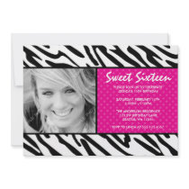Zebra Pink Polka Dot Sweet 16 Photo Invitation