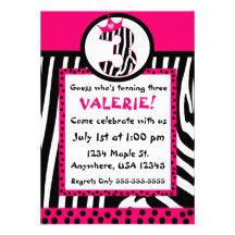 Zebra print and pink diva 3rd birthday invitation